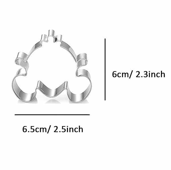 The image shows a metal cookie cutter shaped like a pumpkin carriage. It features a whimsical design with prominent curves and a rounded top. The dimensions are labeled: 6 cm (2.3 inches) in height and 6.5 cm (2.5 inches) in width. The cutter is displayed against a plain background for clear visibility.