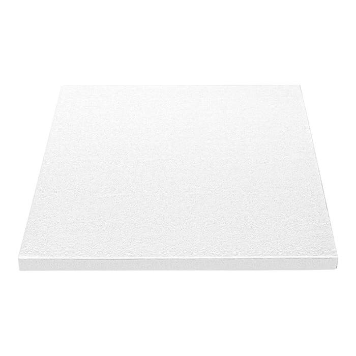 A 14-inch square cake drum thick board in white, featuring a textured surface. The board has a clean, even edge and is designed for supporting cakes or decorative items.