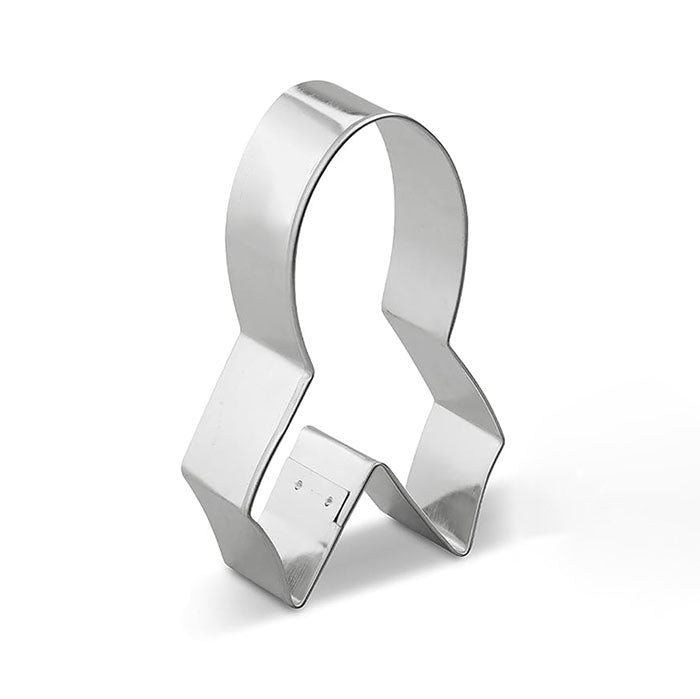 A shiny metal cookie cutter in the shape of an awareness ribbon, featuring smooth curves and a flat base. The cutter is displayed against a light background, showcasing its reflective surface.