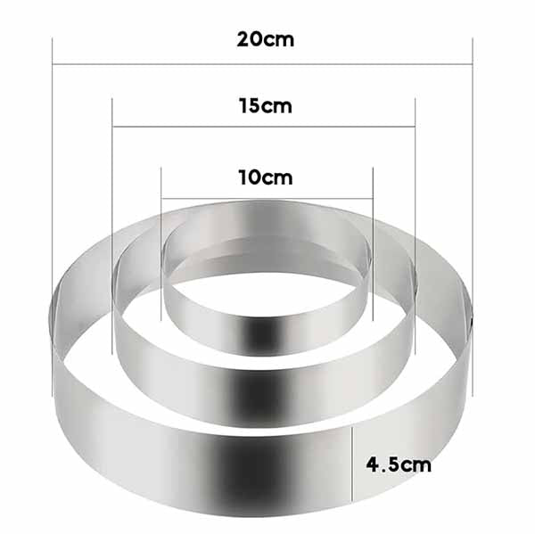 The image shows three metal rings arranged in ascending order of size. The largest ring has a diameter of 20 cm, the middle ring has a diameter of 15 cm, and the smallest ring has a diameter of 10 cm. There are also dimensions indicated for an additional smaller ring with a diameter of 4.5 cm. The rings are smooth and shiny, with clear markings for each measurement.