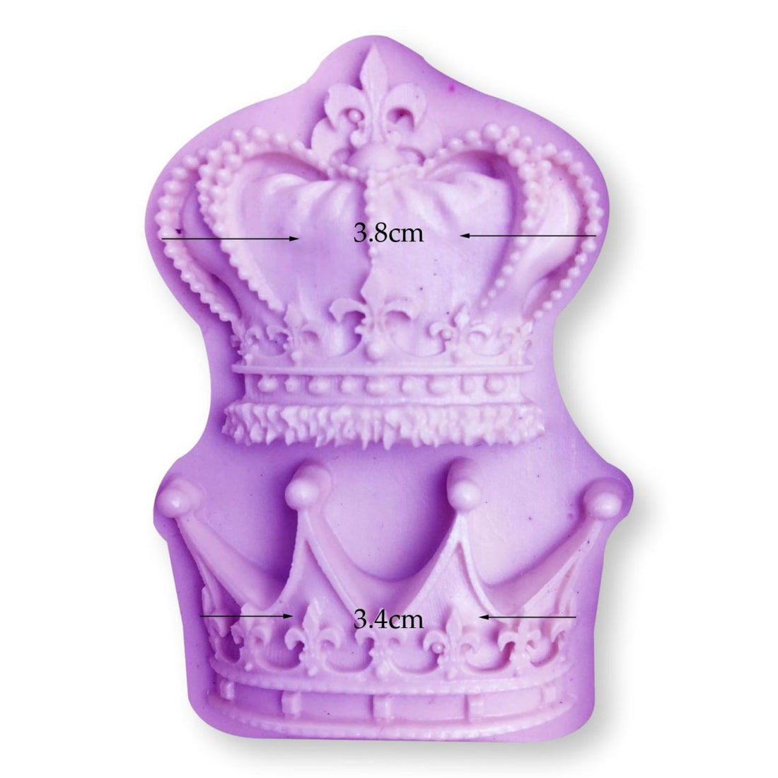 A purple silicone mould in the shape of a royal crown. The mould features intricate details, including a beaded edge and decorative elements. Dimensions are indicated, measuring 3.8 cm in width and 3.4 cm in height.