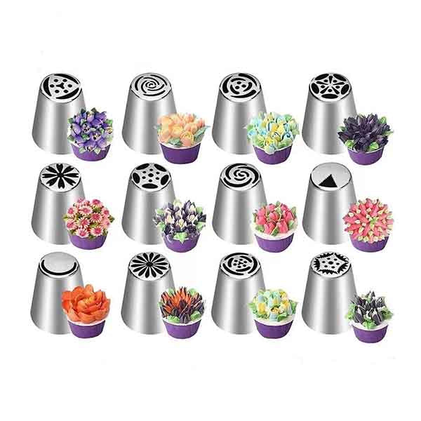 The image shows a set of 12 stainless steel Russian piping tips arranged in two rows. Each tip is designed with different decorative patterns on the top. Accompanying the piping tips are several small purple containers filled with colorful frosting arranged to resemble flowers, showcasing the potential designs achievable with the tips: roses, tulips, and other floral shapes.