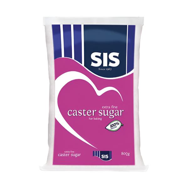 Front view of SIS Caster Sugar 800g packaging with a pink and white design, featuring the SIS logo and product details, labeled as extra fine and 100% natural.