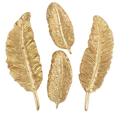A set of four decorative feather-shaped silicone moulds, featuring a gold finish. The moulds vary in size and design, showcasing detailed textures resembling real feathers, with fine ridges and vein patterns.