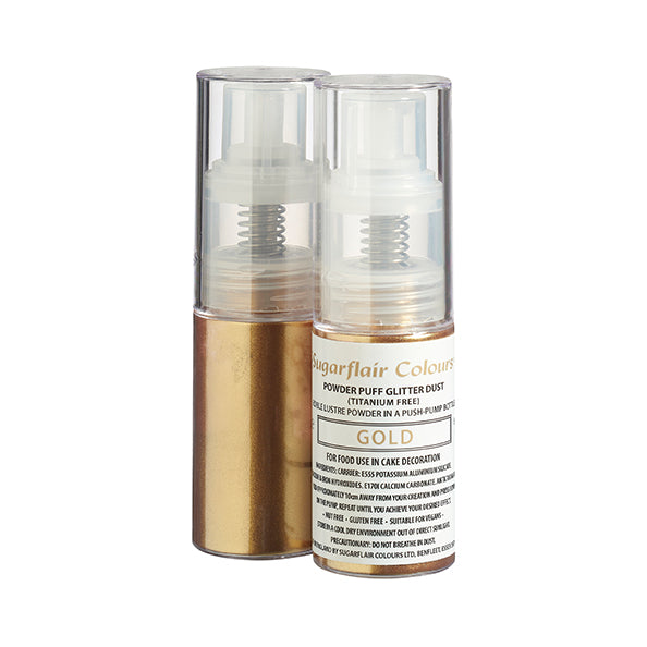 Image of two containers of Sugarflair edible glitter dust spray, labeled as &quot;Gold.&quot; The left container has a gold metallic base and a clear pump top. The right container features a transparent body with the product name and details printed in black on the label. The label indicates that the product is a powder glitter dust for food use. Both containers are standing upright against a white background.