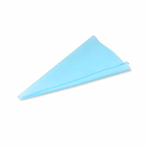 A blue silicone pastry piping bag arranged in a triangular shape, featuring a smooth surface and a flat bottom edge, ideal for decorating cakes and pastries.