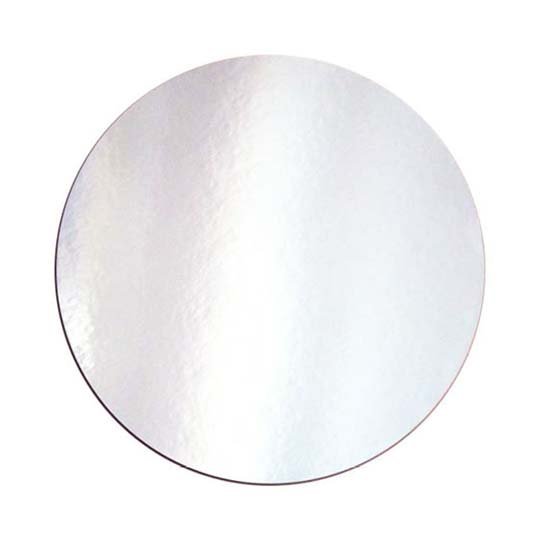 A round silver cake board, measuring 2mm thick, is displayed against a plain background. The surface has a shiny, reflective finish, creating a smooth appearance suitable for supporting cakes or pastries.