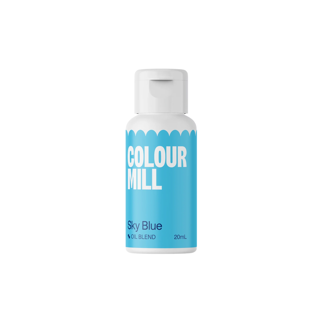 A bottle of Colour Mill oil-based food color in sky blue, featuring a bright turquoise label with the text &quot;COLOUR MILL&quot; in large white letters and &quot;Sky Blue&quot; in smaller text below. The bottle contains 20ml of product and has a simple, modern design with a secure white cap.