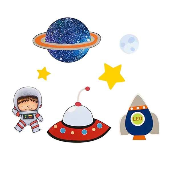 A collection of colorful space-themed cake toppers. Featured are a glittery blue planet with a ring, two yellow stars, a small white planet, a cartoon astronaut in a spacesuit, a classic red and white flying saucer, and a rocket ship labeled &quot;LEO&quot; in blue and orange. The background is white.