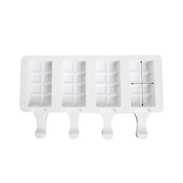 An image of a white silicone mould designed for making square-shaped cakesicles. The mould features four cavities, each shaped to resemble a square, with two raised lines to create a segmented design within each cavity. It has handles at the bottom to hold and remove the cakesicles easily.