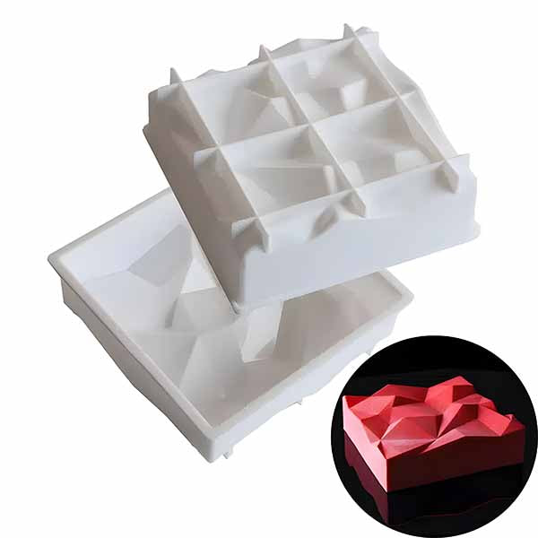 Two square silicone cake molds stacked on top of each other. The molds are white and feature a geometric design with angular, raised patterns on the bottom. A smaller inset image shows a finished cake made from the mold, which is red and has a similar geometric texture.