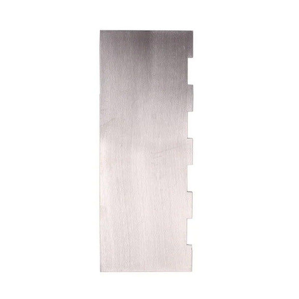 A stainless steel scraper displaying a tall, rectangular shape with even stripes cut into one side. The surface is smooth and shiny, reflecting light, with a clean finish. The scraper features a notched design along one edge, indicating its intended use for precise scraping tasks.