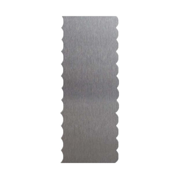 A stainless steel scraper featuring a long, flat design with a scalloped edge. The surface has a brushed finish, highlighting its metallic texture. The scraper stands vertically against a plain background.