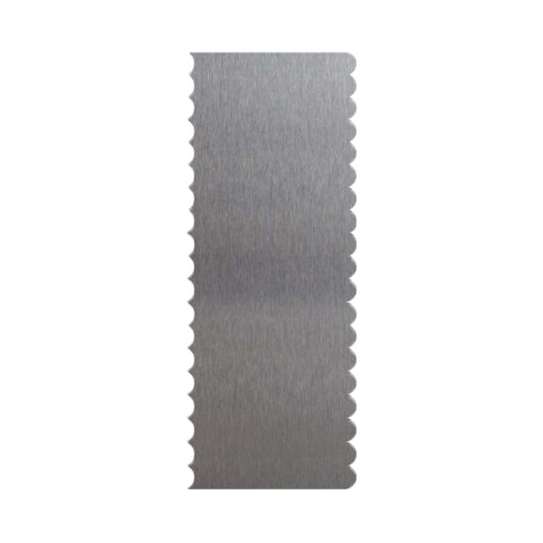 A stainless steel scraper with a smooth surface and scalloped edges, designed for various scraping tasks. The scraper is predominantly silver in color, showcasing a brushed metal finish. It is a vertical rectangular shape, emphasizing its utility for kitchen or craft applications.