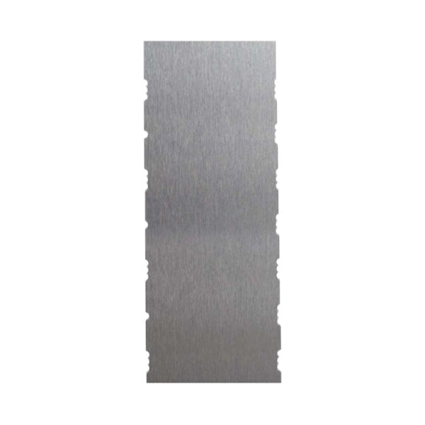 Image of a stainless steel scraper, featuring a long, rectangular design with a smooth, brushed metal surface. The edges of the scraper have a series of notches, giving it a textured look. The overall appearance highlights its sleek and durable construction, suitable for various scraping tasks.