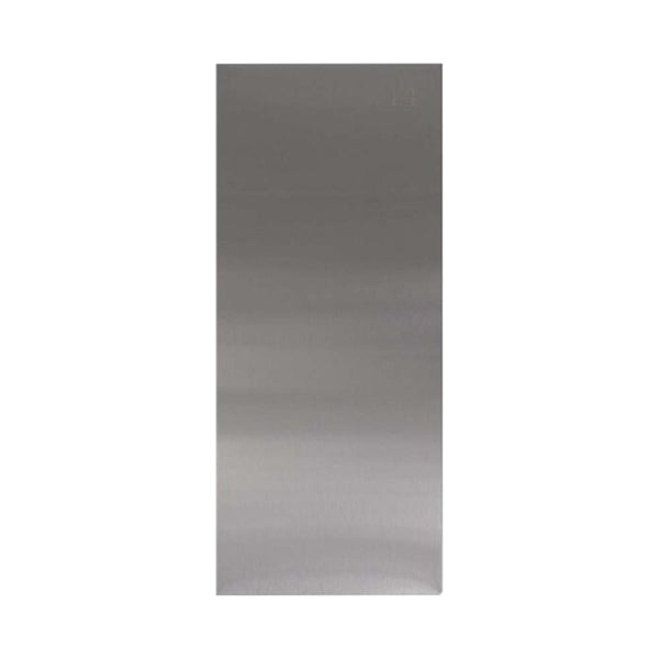 A stainless steel scraper with a smooth, reflective surface, rectangular shape, and rounded edges. The scraper is shown upright against a white background. The product is identified as &