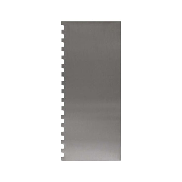 "A stainless steel scraper with a smooth rectangular blade, featuring notches along one edge for added functionality. The surface is shiny and metallic, indicating high-quality material."