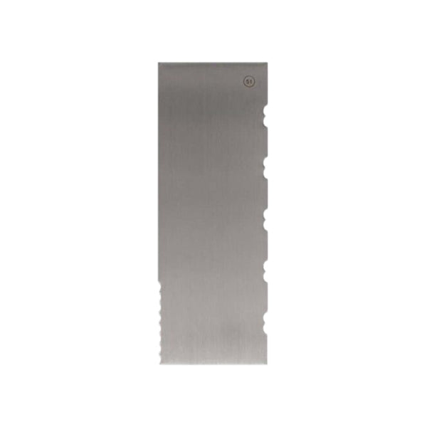 A stainless steel scraper with a rectangular shape. One side features a smooth surface, while the opposite side has a serrated edge with notches. The top right corner includes a small circular indicator with the number "51." The scraper is shown against a plain white background.