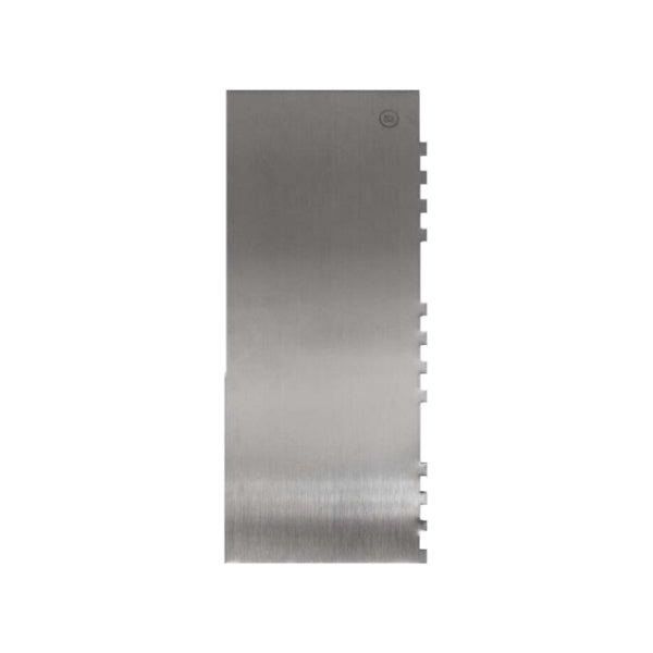 A stainless steel scraper featuring a flat, smooth surface and various notches along one side. The scraper has a sleek, metallic finish and is vertically oriented in the image.