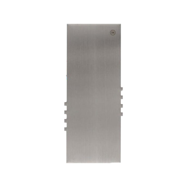 A stainless steel scraper, model CS 56, featuring a rectangular shape with a brushed metal finish. The top right corner has a small circular logo or marking. The sides of the scraper have notches or grooves, indicating design features for functionality.