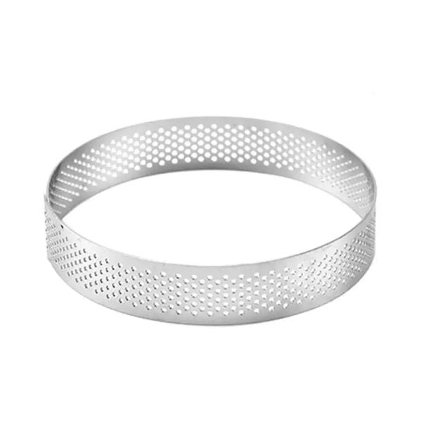 A stainless steel perforated tart ring that is round in shape, measuring 8 cm in diameter and 2 cm in height. The ring features multiple small holes, allowing for even baking and ventilation. The surface has a sleek, shiny finish typical of stainless steel cookware.