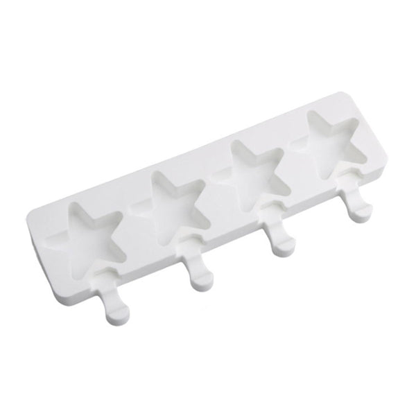 The image shows a white, rectangular mold designed to create star-shaped cakesickles. The mold features four star-shaped cavities, each with a small stick attached to the base for easy handling. The overall design is simple and clean, suitable for making novelty treats.