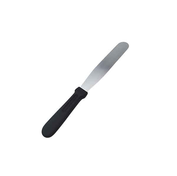 A straight spatula with a shiny metal blade and a black rubberized handle. The spatula has a flat, wide blade suitable for spreading or smoothing.