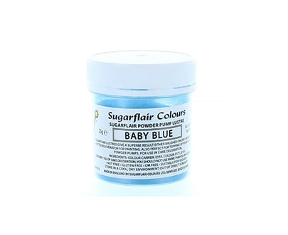 The image shows a small container of sugarflair edible glitter dust powder, specifically in the color &quot;baby blue.&quot; The container has a light blue lid and a white label featuring the product name, &quot;Sugarflair Colours Sugar Powder Pump Lustre,&quot; along with details about the product and its weight, which is 25 grams. The label indicates that the product is used for decorative purposes on food.