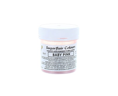 A small container of Sugarflair edible glitter dust powder labeled &quot;Baby Pink,&quot; weighing 25 grams. The container has a white lid and a clear body, with product details on the label. The label includes the brand name &quot;Sugarflair&quot; and indicates that it is a sugar powder used for decorating.