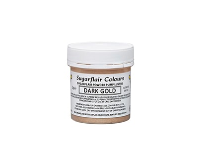 Image of a jar of Sugarflair Colours Edible Glitter Dust Powder. The jar is labeled &quot;Dark Gold&quot; and contains 25 grams of the product. The jar has a white lid and features a clear label with product information, including instructions and ingredients. The overall appearance is sleek and suitable for cake decorating and crafting.