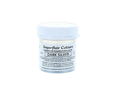 The image shows a small, round jar of &quot;Sugarflair Edible Glitter Dust Powder&quot; in dark silver color. The jar has a white lid and features a label that includes the product name &quot;Sugarflair Colours&quot;, along with the term &quot;DARK SILVER&quot; prominently displayed. The label contains additional product information and instructions. The jar appears to contain a fine, glittering powder suitable for edible decoration.