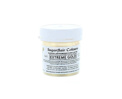 A jar of Sugarflair Colours edible glitter dust powder, labeled &quot;Extreme Gold.&quot; The jar contains 25 grams of product and features a white lid. The label includes product information, usage instructions, and safety details, all displayed clearly on a white background with black print. The glitter powder appears gold and shiny.