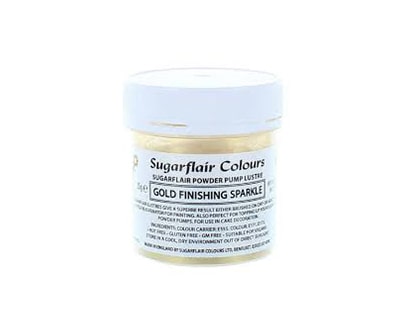 The image shows a small jar of Sugarflair edible glitter dust powder. The jar is labeled &quot;Sugarflair Colours - Gold Finishing Sparkle&quot; and contains 25 grams of product. The packaging features a white lid and a clear body, allowing the gold glitter dust to be visible inside. The label includes details about the product, including ingredients and usage instructions.