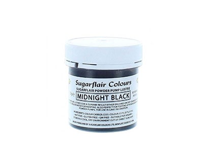 A small container of Sugarflair edible glitter dust powder, labeled &quot;Midnight Black.&quot; The jar has a white lid and features a black and white label with the product name and usage instructions. The container appears to be 25 grams in size.