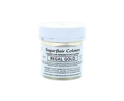 A jar of Sugarflair edible glitter dust powder, labeled &quot;Regal Gold.&quot; The jar is transparent with a white lid and contains a fine golden powder. The label features product information and instructions, highlighting its use for decorating cakes and confections.