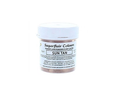 Image of a cylindrical container of Sugarflair edible glitter dust powder labeled &quot;Sun Tan&quot; weighing 25g. The container has a white lid and features the Sugarflair logo, along with product information and instructions on the label. The color of the glitter appears to be a light brown or tan shade.