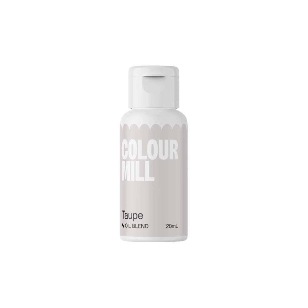 A bottle of Colour Mill oil-based food color in taupe, 20ml. The bottle has a sleek design with a white cap and features prominent text reading "COLOUR MILL" on the front, along with "Taupe" and "Oil Blend" below it. The background is black, emphasizing the bottle.