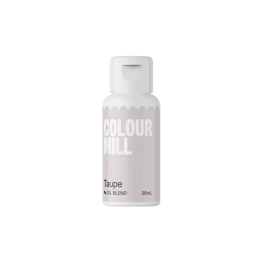 A bottle of Colour Mill oil-based food color in taupe, 20ml. The bottle has a sleek design with a white cap and features prominent text reading &quot;COLOUR MILL&quot; on the front, along with &quot;Taupe&quot; and &quot;Oil Blend&quot; below it. The background is black, emphasizing the bottle.