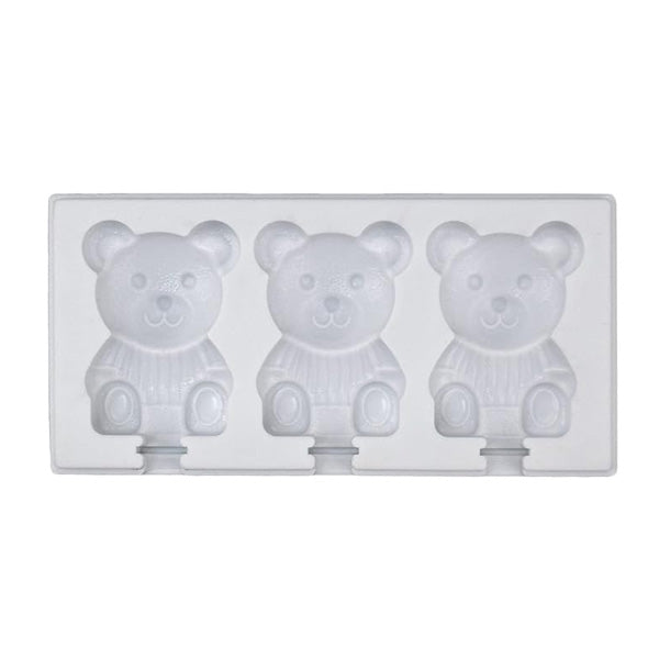 A silicone mould featuring three bear-shaped cavities, each depicting a bear sitting down and wearing a sweater. The mould is clear and designed for making cakesicles.