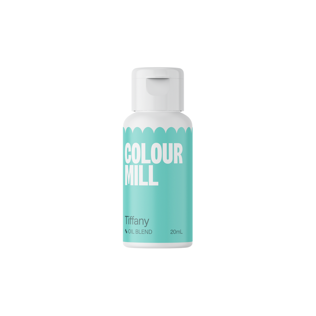 A bottle of Colour Mill oil-based food color in the shade &quot;Tiffany.&quot; The bottle is predominantly white with a turquoise label featuring the brand name &quot;COLOUR MILL&quot; in large white letters. It also displays &quot;Tiffany,&quot; &quot;OIL BLEND,&quot; and &quot;20mL&quot; in smaller text. The bottle has a cap and a curved design at the top, with a glossy finish.