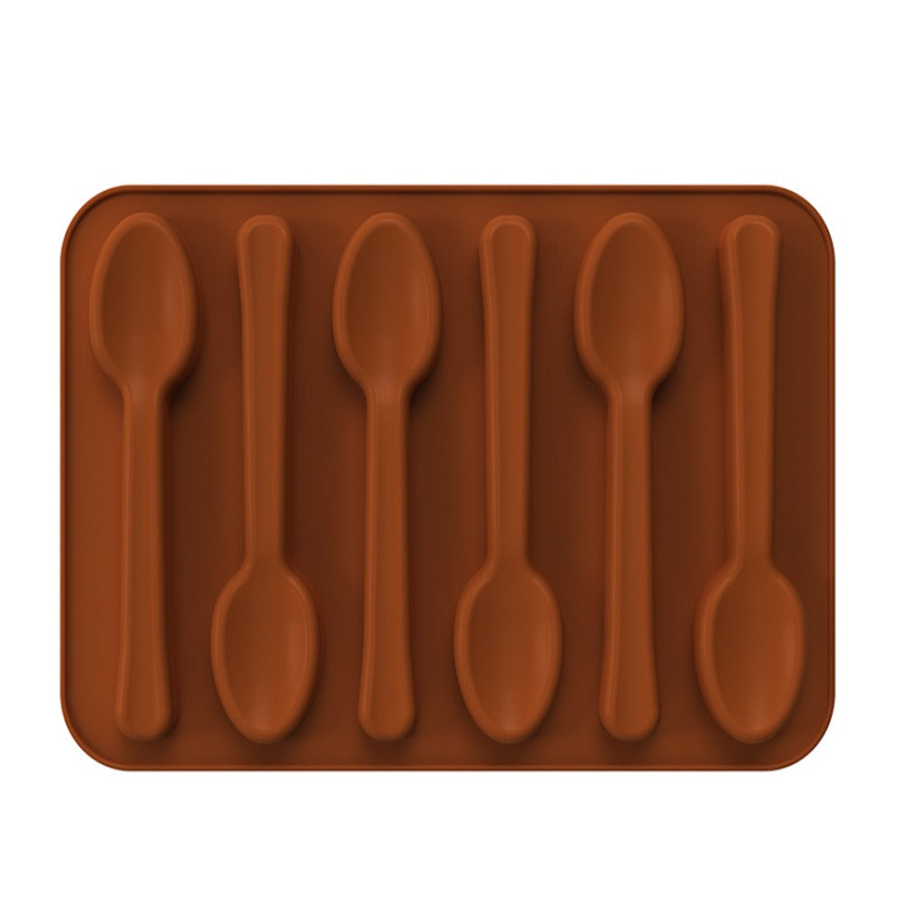 A brown silicone mold shaped like six spoons, all arranged in a rectangular format. The spoons have a rounded bowl and elongated handle, designed for creating spoon-shaped treats or chocolates.