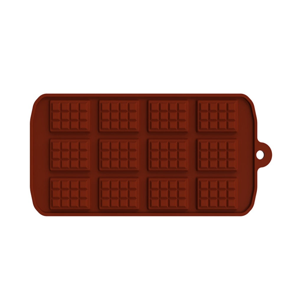 A rectangular mini silicone mold designed for making chocolate bars, featuring 12 square cavities arranged in three rows. The mold is a rich brown color, resembling chocolate, and has a small handle with a hole for easy hanging. Each cavity has a textured surface to mimic the appearance of a chocolate bar.