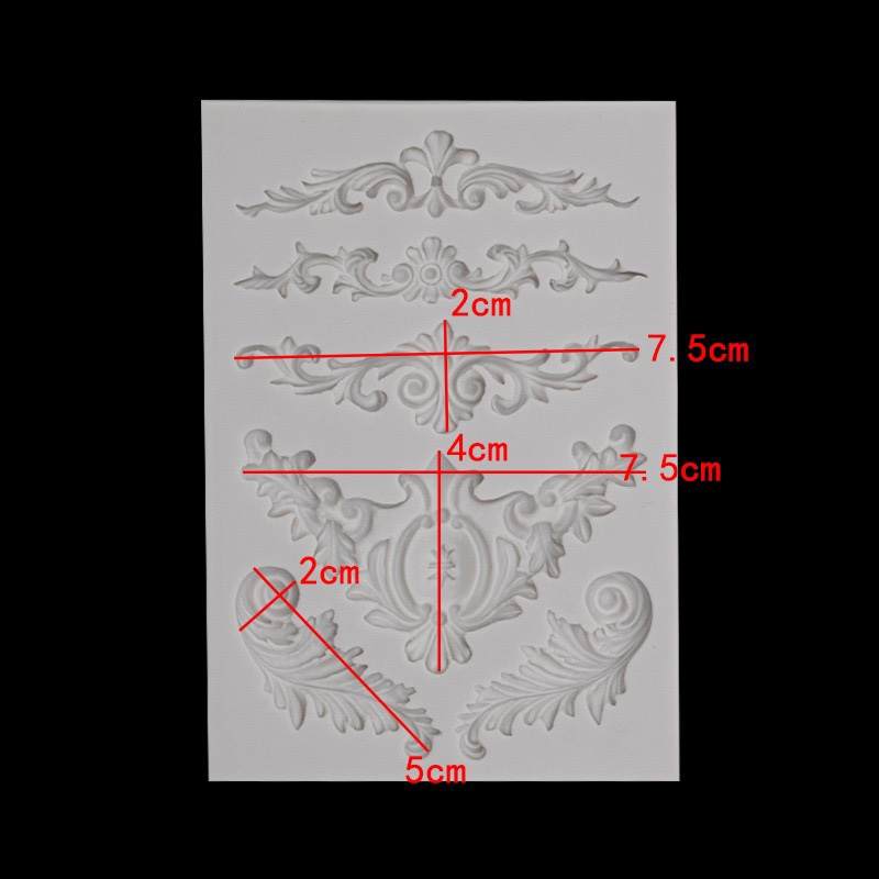 The image shows a white decorative mould featuring various ornate patterns. It includes detailed designs such as floral motifs and scrollwork arranged in a vertical layout. The mould has measurement labels indicated in red, showing dimensions of 2 cm, 4 cm, 5 cm, and 7.5 cm throughout the different patterns. The background is black, emphasizing the white mould&
