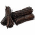 Three tied bundles of dark brown vanilla beans on a plain white background.