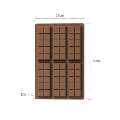 The image features a rectangular silicone chocolate mold designed to create chocolate bars. The mold has a brown color and is divided into multiple rectangular sections to form individual chocolate pieces. The dimensions of the mold are indicated, measuring 26 cm in length, 17 cm in width, and 1.5 cm in depth.