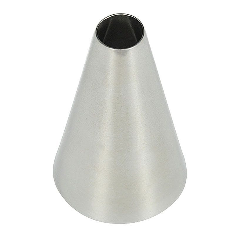 A stainless steel piping nozzle with a conical shape and a wide opening at the top. The surface has a smooth finish, reflecting light, and it tapers down to a rounded base.