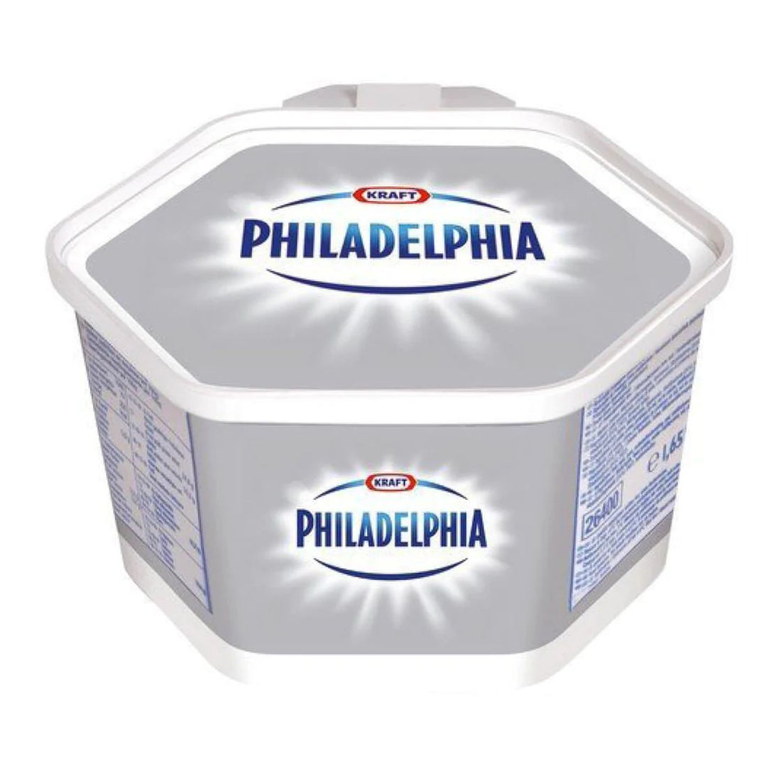 A hexagonal container of Philadelphia cream cheese with a white lid. The label features the brand name &quot;PHILADELPHIA&quot; prominently in blue text, with the &quot;KRAFT&quot; logo displayed above it. The container is predominantly grey, and nutritional information is displayed on one side. The product weighs 1.65 kg.