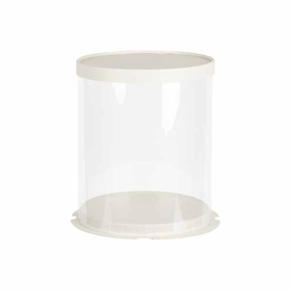 A round, transparent PVC tall cake box with a white lid. The box has a cylindrical shape and a smooth surface, designed to hold and display cakes or pastries. The dimensions are approximately 8 inches in diameter and 17.7 inches in height. The base is slightly wider than the upper rim, providing stability.