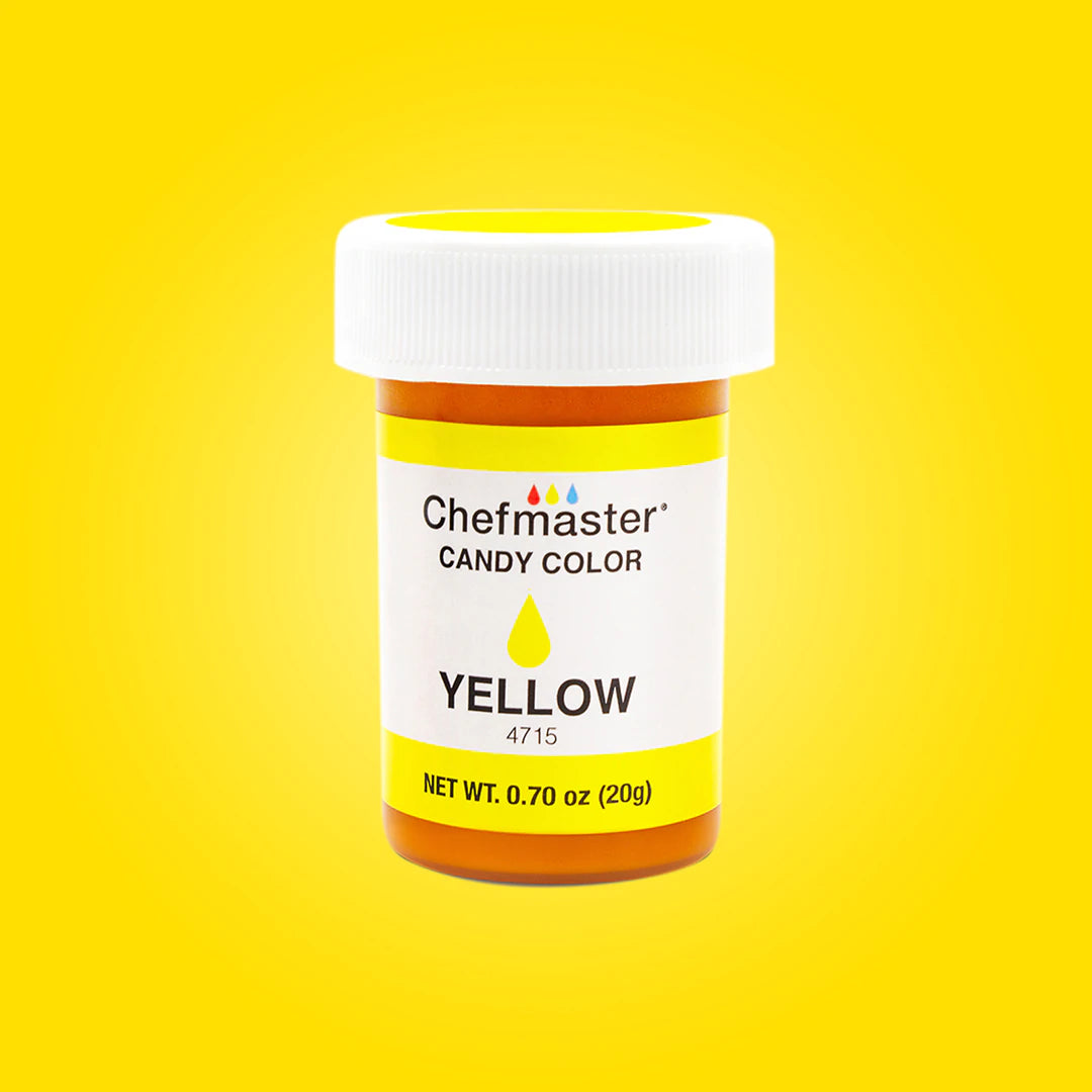 A jar of Chefmaster candy color in yellow, labeled as &quot;Chefmaster Candy Color Yellow&quot; with the product number 4715. The jar has a white lid and a bright yellow background. The jar contains 0.7 oz (20 g) of the product.