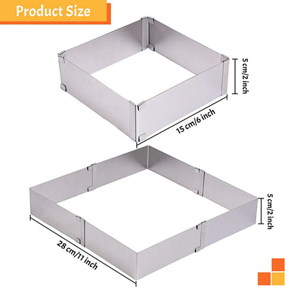 "Image showing an adjustable square cake ring, consisting of two square cake molds. The top mold measures 15 cm (6 inches) and the bottom mold measures 28 cm (11 inches), both with a height of 5 cm (2 inches). The molds are made of shiny metal and feature connecting tabs at the corners for adjustability."